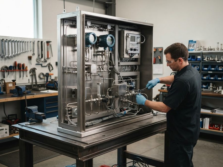 Technician assembling a custom analyzer package panel