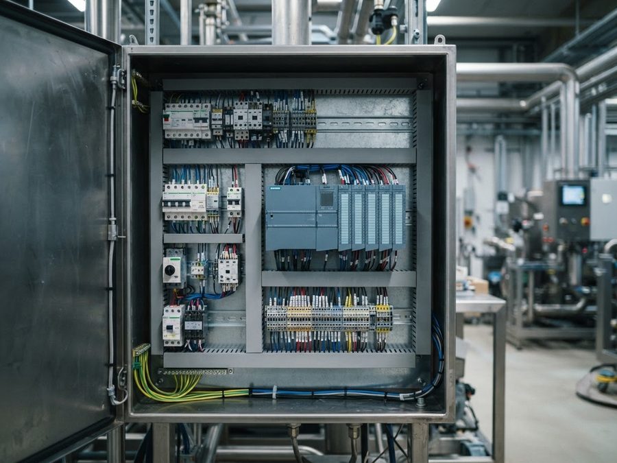 Electrical cabinet with PLC and control wiring for an analyzer package