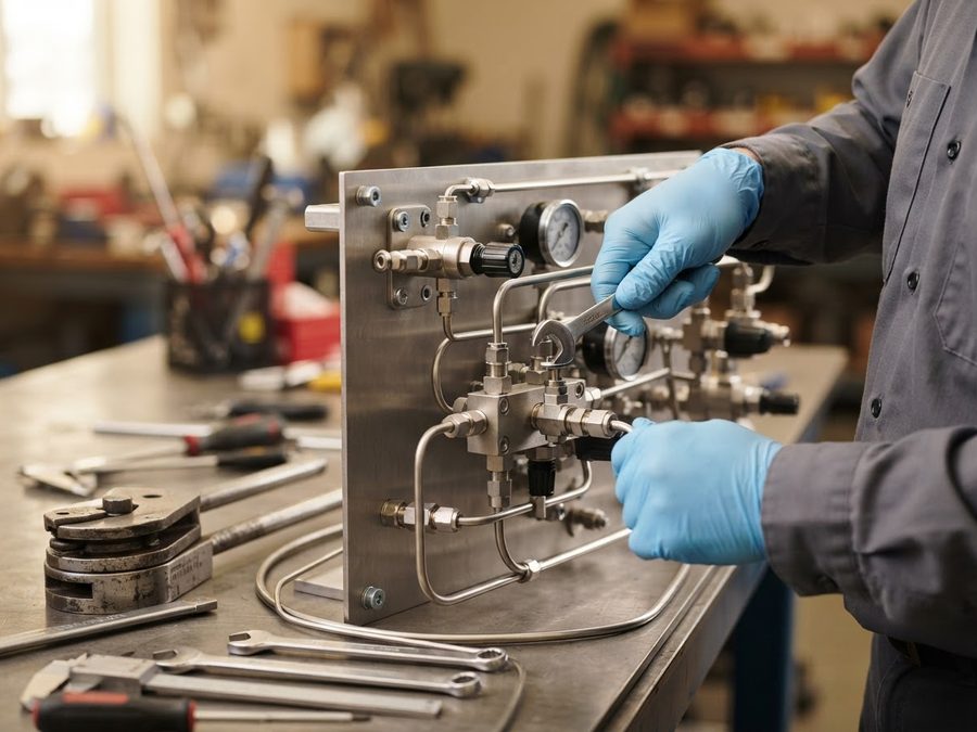 Tubing, regulators and fittings being connected on an analyzer panel
