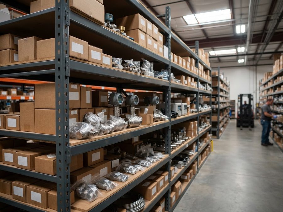 Warehouse shelving stocked with analyzer components and fittings