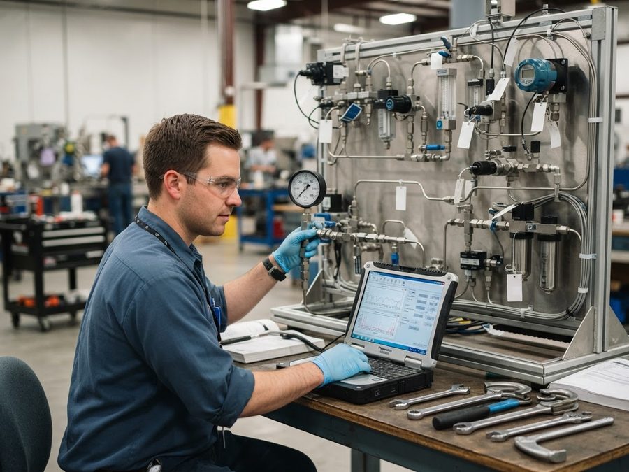 Technician pressure and leak testing a completed analyzer panel with a laptop