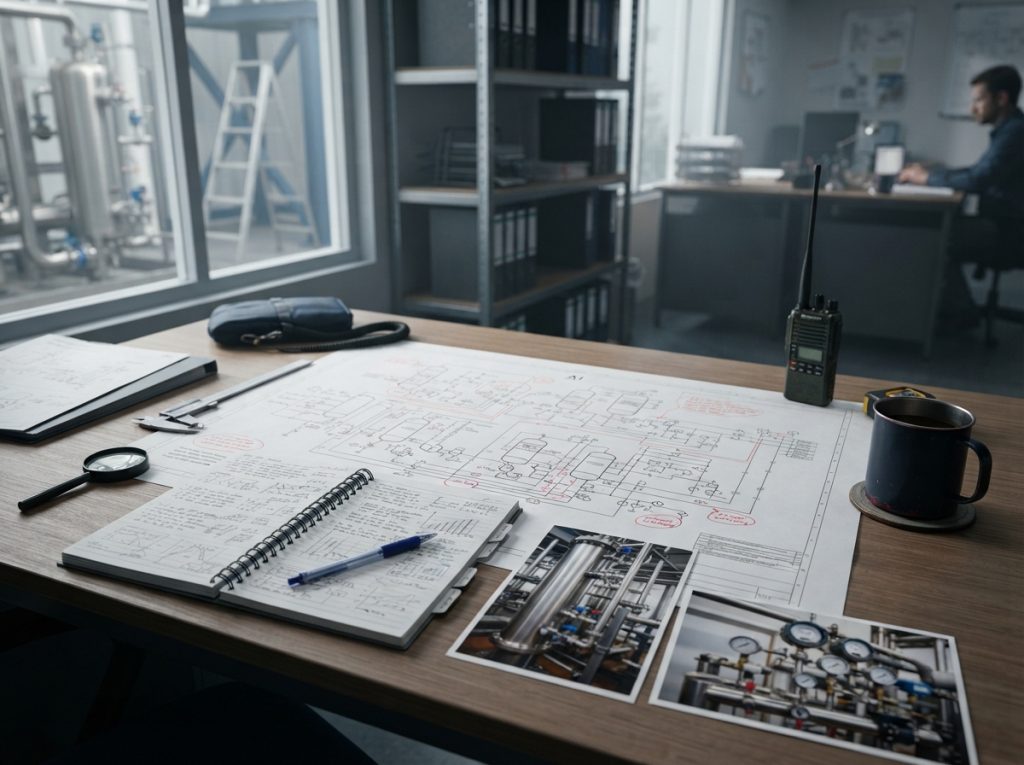 Investigation notes, photos and a station drawing in a plant office