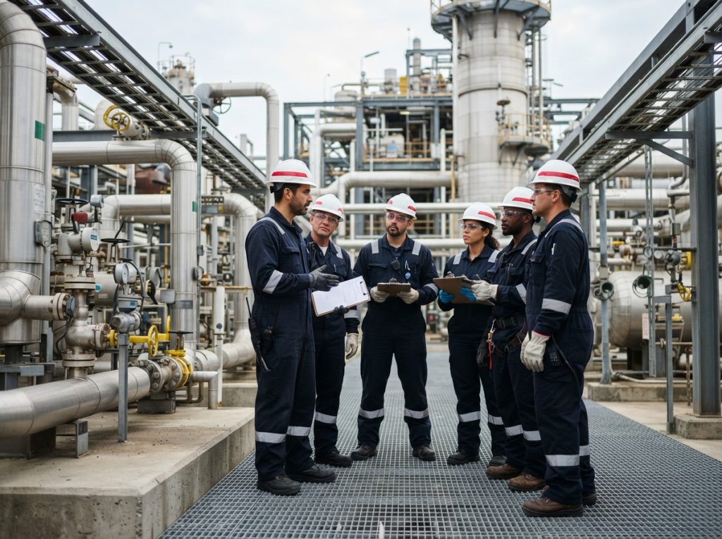 Pre-job safety briefing with a field crew at a plant