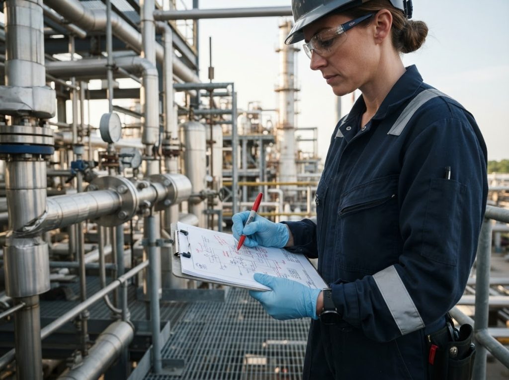 Technician marking up a drawing to record a field discrepancy