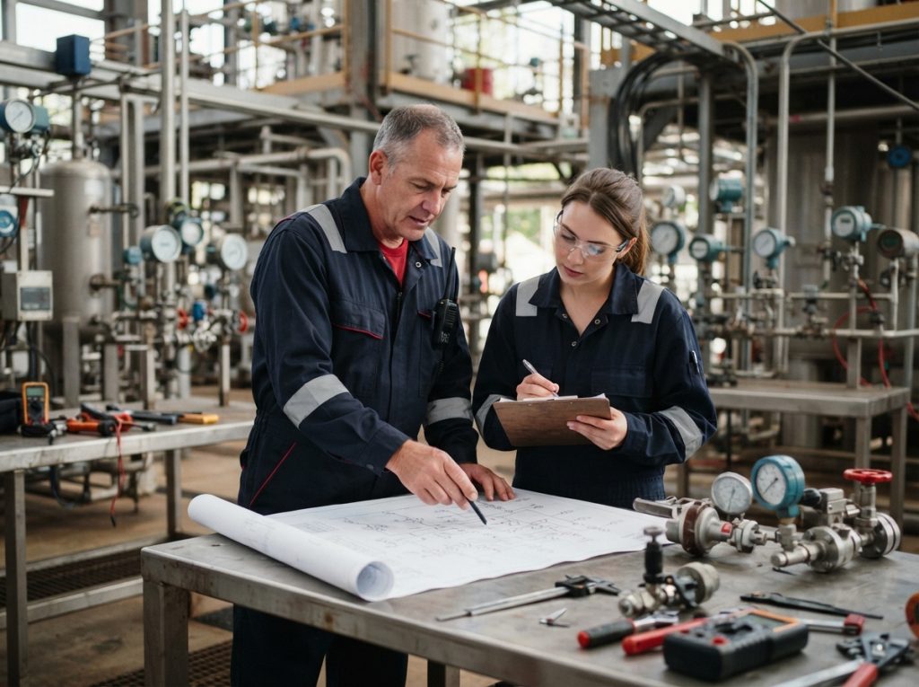 Mentor showing a technician how to read an instrument drawing