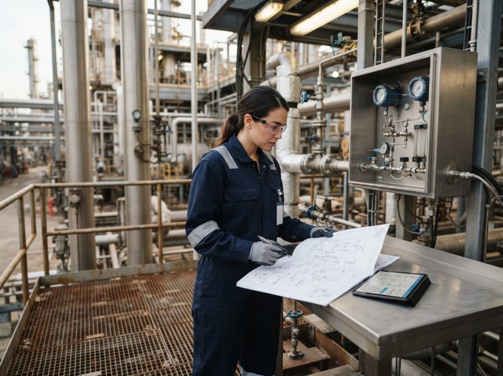 Engineer reviewing process conditions and a P&ID beside an analyzer