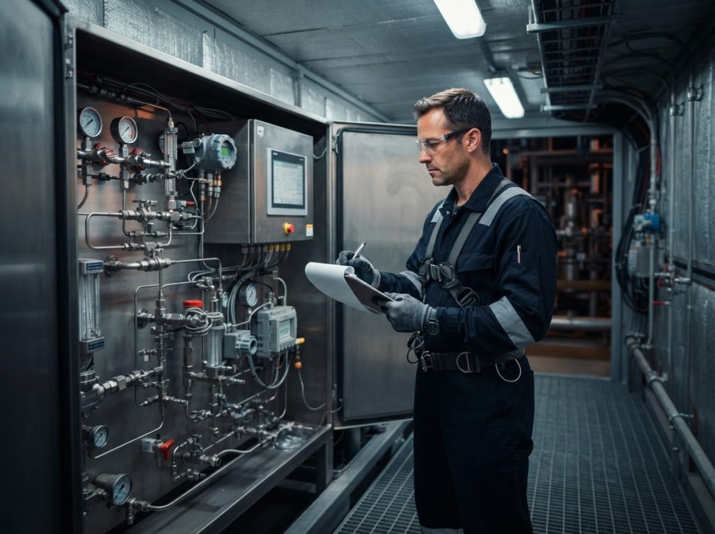Technician inspecting an installed analyzer system in a shelter
