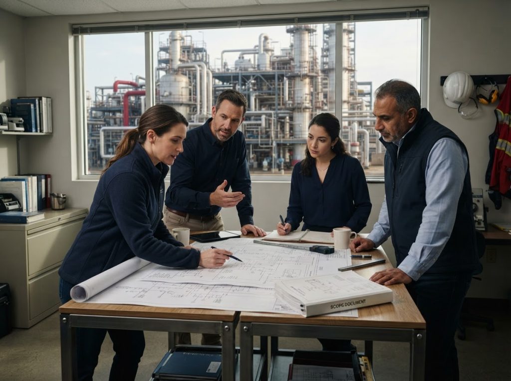 Project team reviewing drawings and a scope document in a plant office