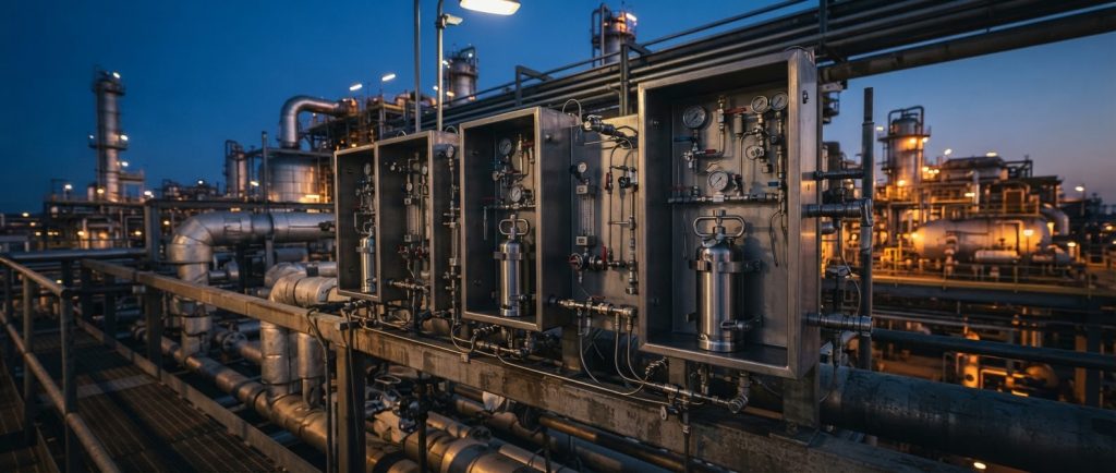 Closed-loop grab sampling stations on a refinery pipe rack