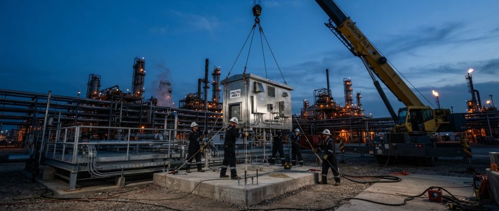 Field crew installing a process analyzer shelter at a refinery