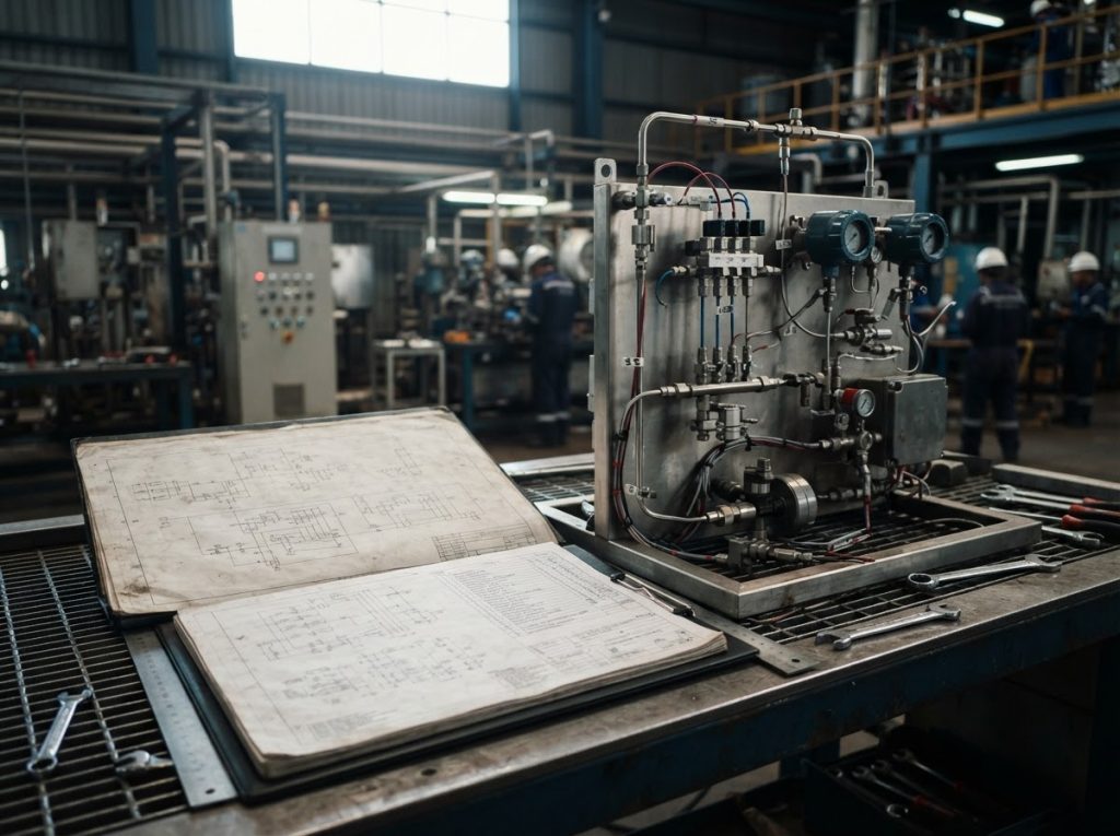 Approved drawings beside a partially built analyzer package