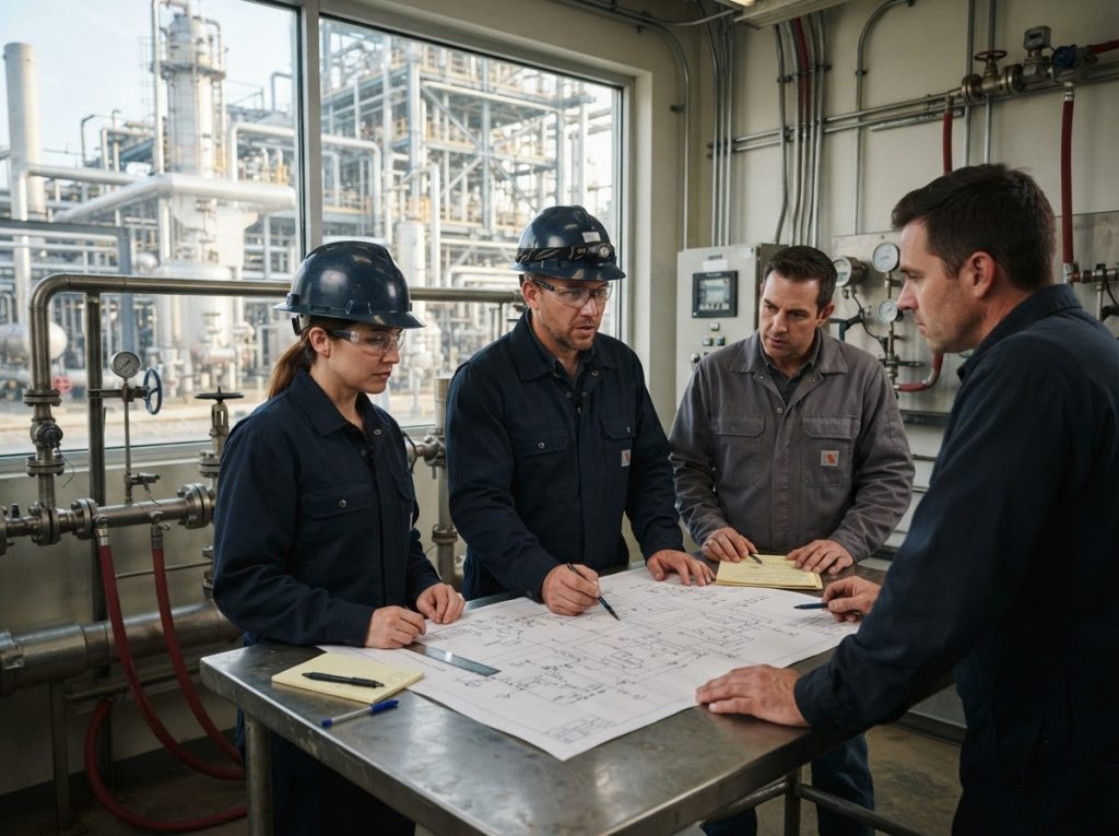 Engineer explaining service options to a plant team