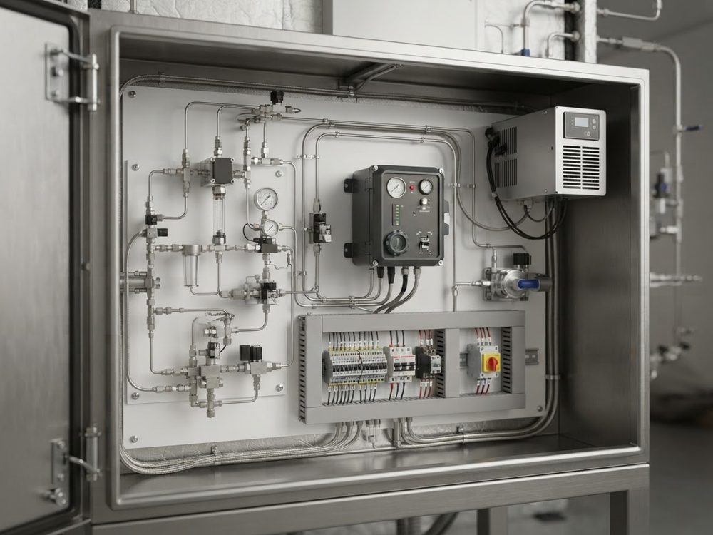 Interior of an analyzer enclosure with tubing, gauges and electrical panel