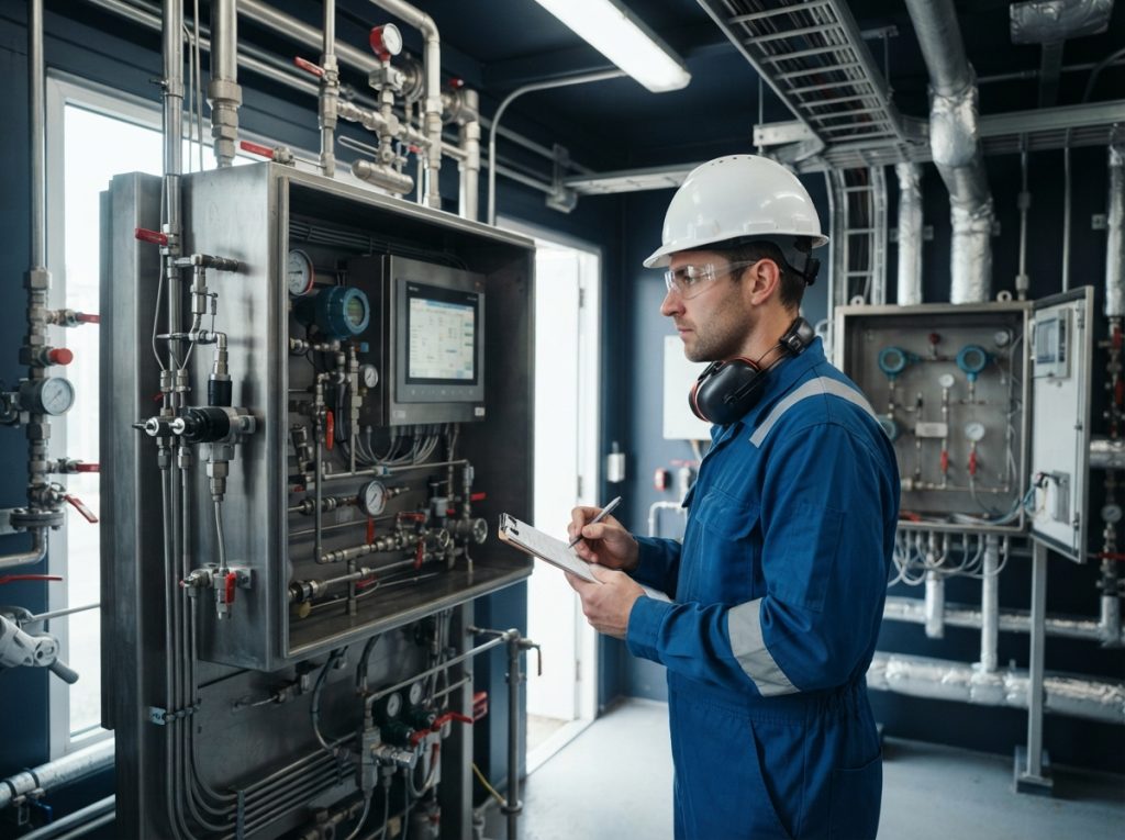 Engineer reviewing an analyzer cabinet and its utilities in a shelter