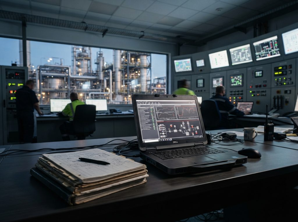 Maintenance records and work-order history on a laptop in a control room