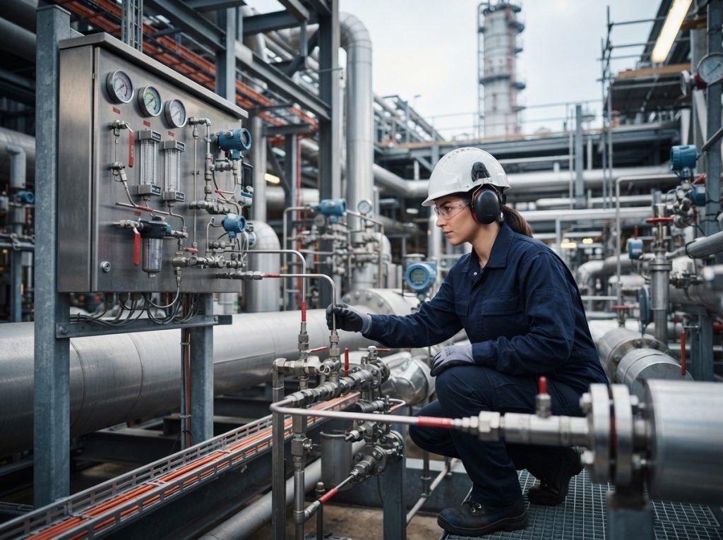 Engineer tracing a sample line from a process probe to a conditioning panel