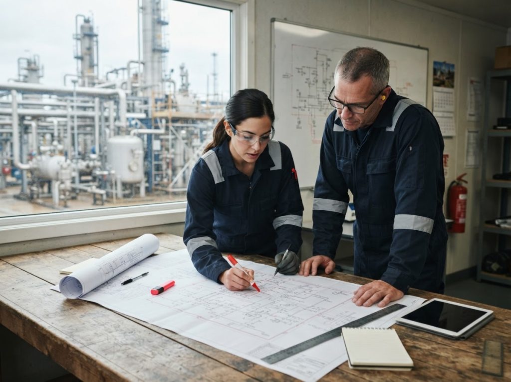 Engineers marking work boundaries on a plot plan drawing