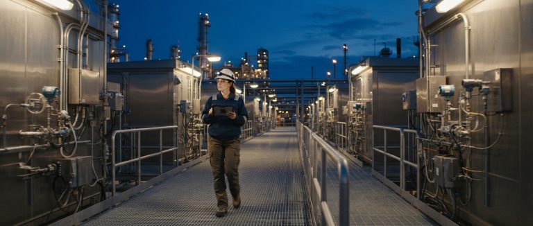 Engineer with a tablet walking past analyzer shelters at a refinery at dusk
