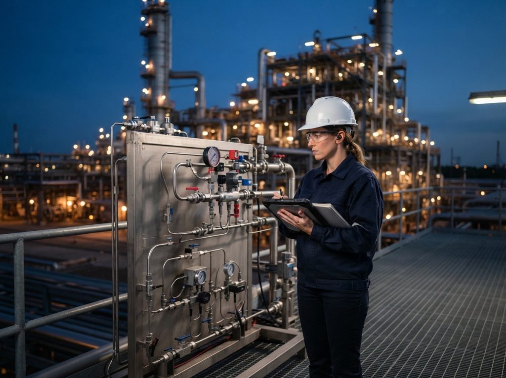 Engineer inspecting an installed sample system and taking notes