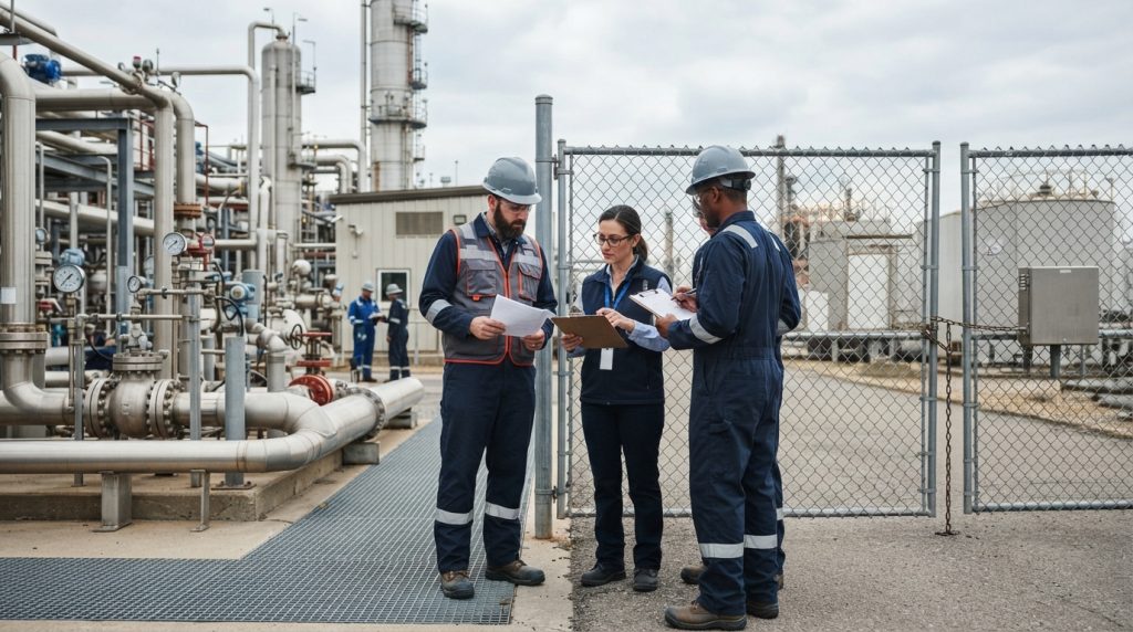 Site safety briefing with permits before a walkdown
