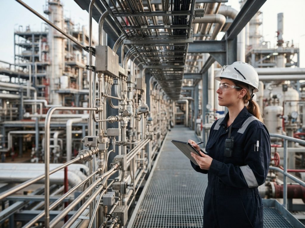 Engineer checking a tubing and conduit route on a cable tray