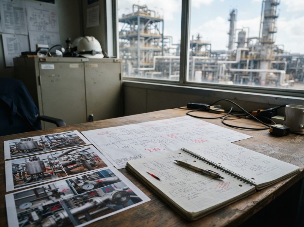 Field notes, photos and a marked drawing organized in a site office