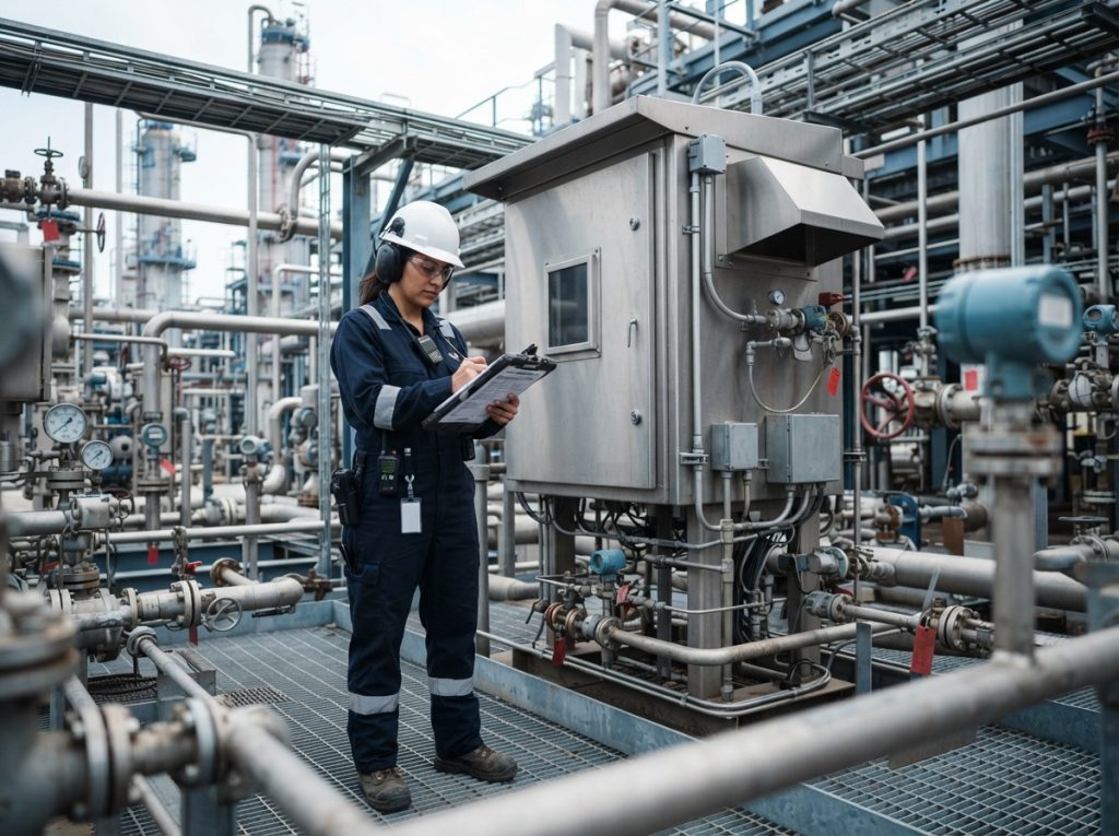 Engineer recording component tags and routes at an analyzer shelter