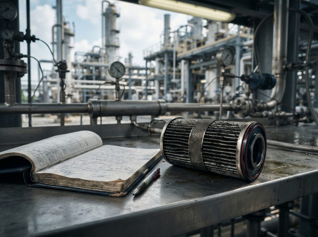 Maintenance logbook beside a frequently replaced sample filter element