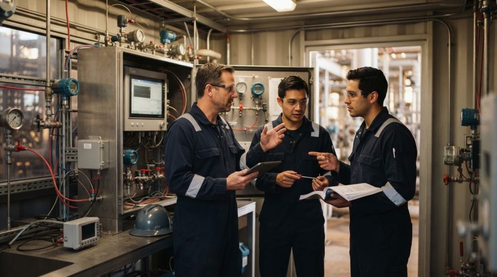 Engineer and manufacturer service technician discussing an analyzer