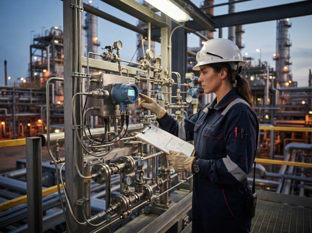 Engineer checking an analyzer datasheet against the installed instrument