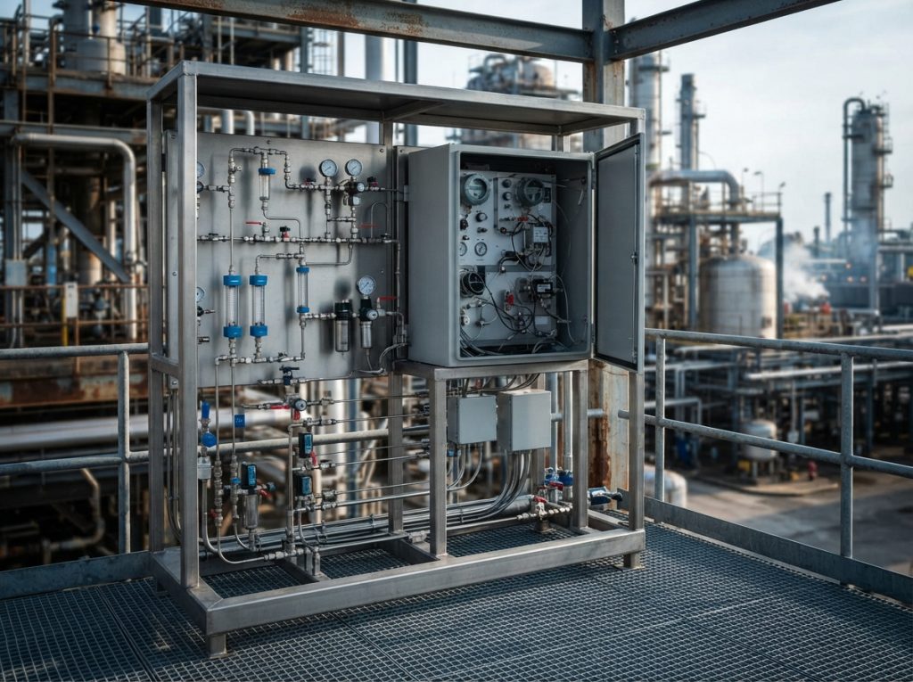 Analyzer, sample panel, utilities and enclosure seen together