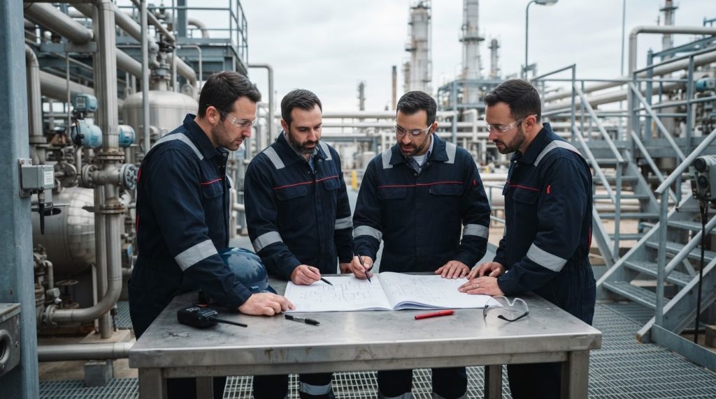 Contractors and owner representatives reviewing the same scope document