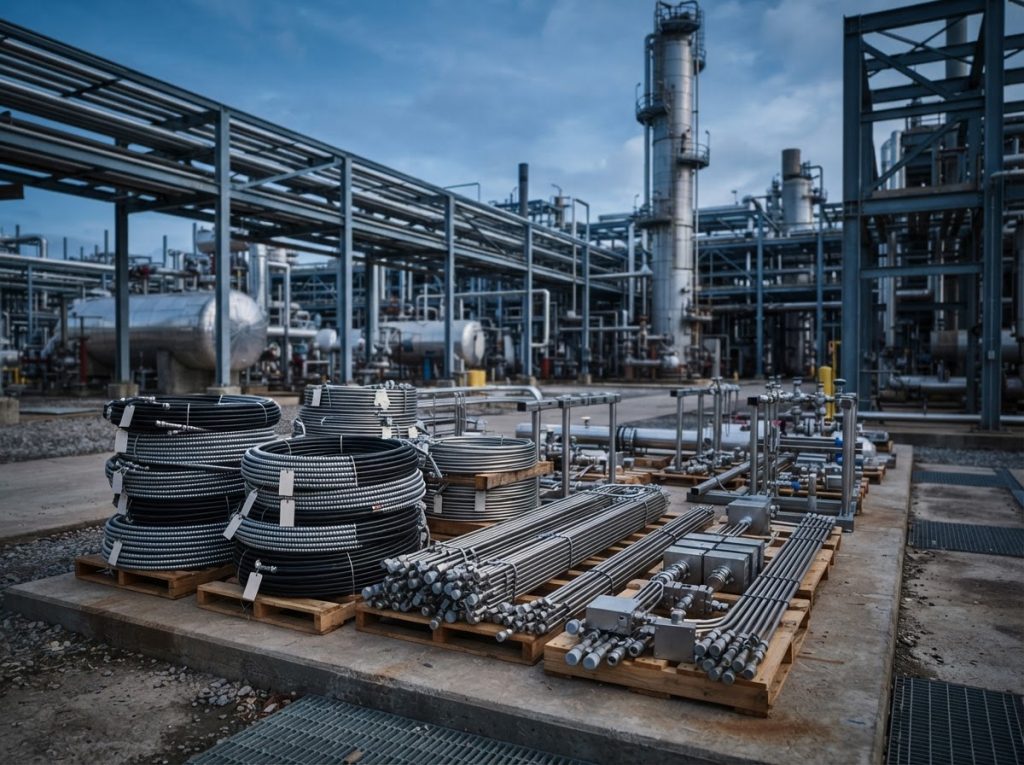 Heated bundles, conduit and tubing staged for an installation