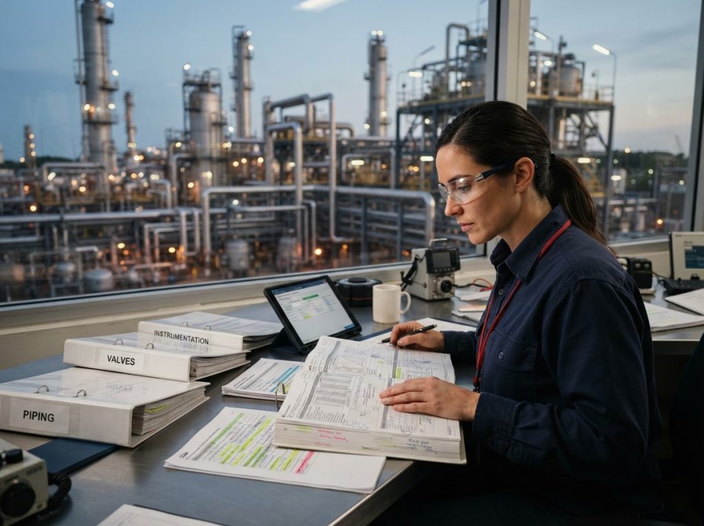 Procurement planner reviewing supplier catalogs and delivery dates