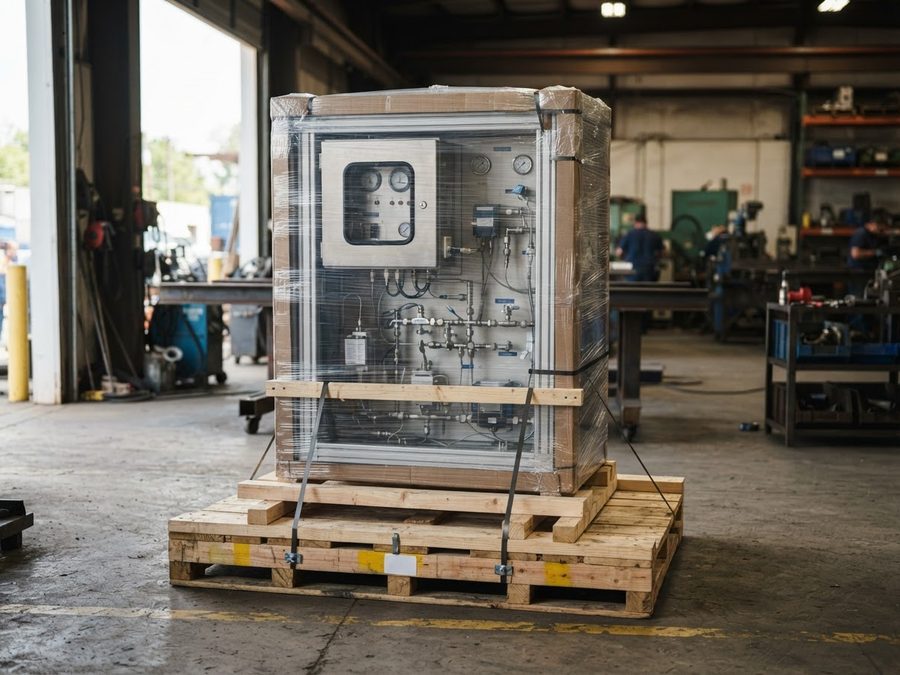Crated analyzer package on a pallet prepared for shipment