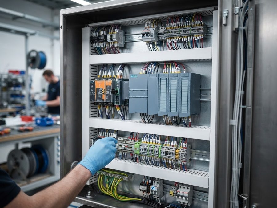 Technician wiring PLC and control components in an analyzer cabinet