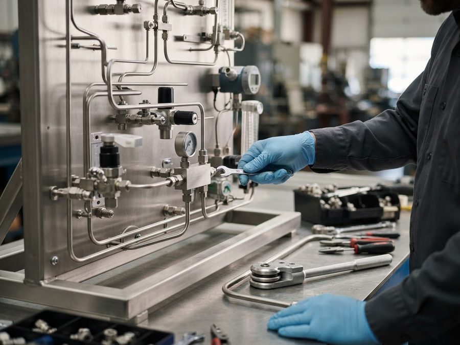 Technician installing tubing and valves on an analyzer panel