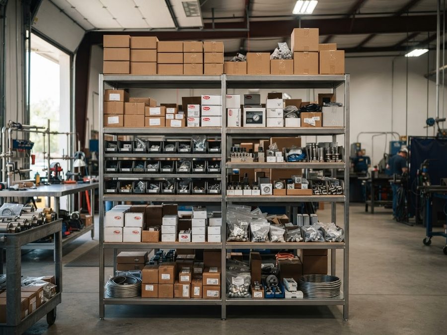 Warehouse shelving stocked with analyzer components and fittings