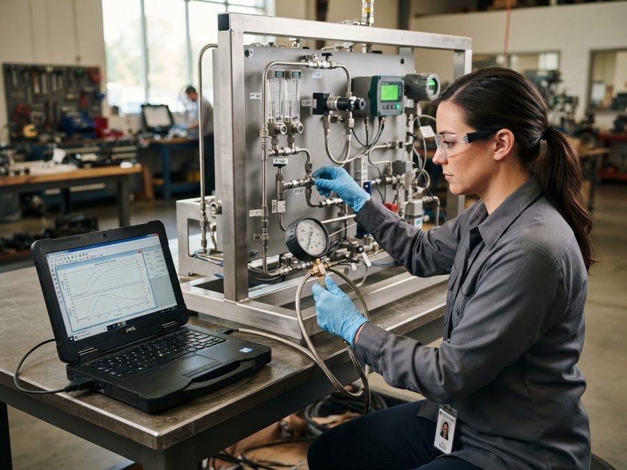 Technician pressure and leak testing an analyzer assembly with a laptop
