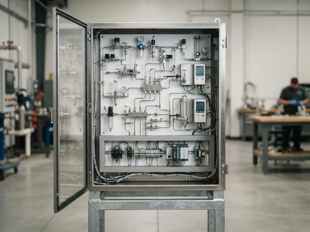 Technician assembling a complete analyzer system from drawings