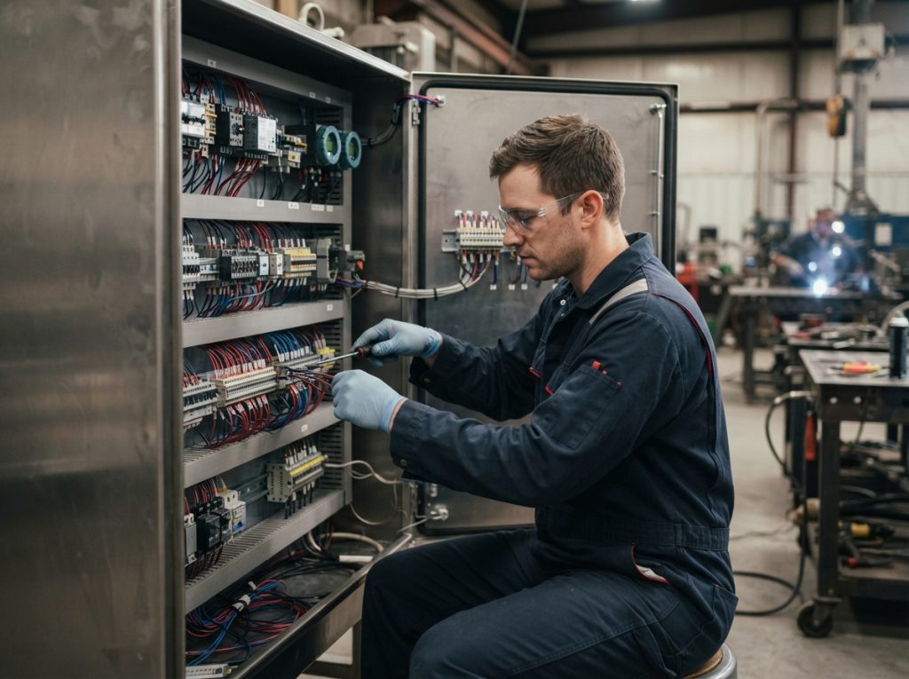 Technician wiring terminal blocks in an electrical and instrumentation panel
