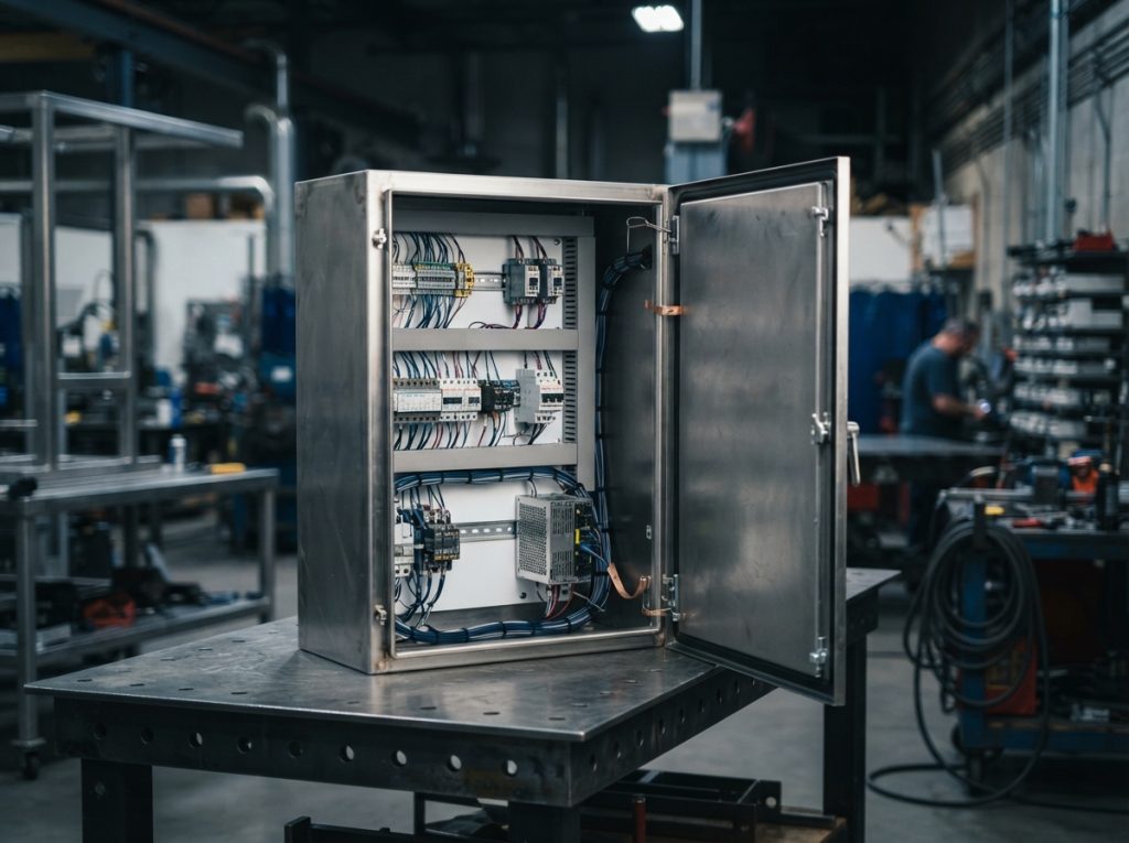 Custom stainless steel cabinet with internal mounting plate