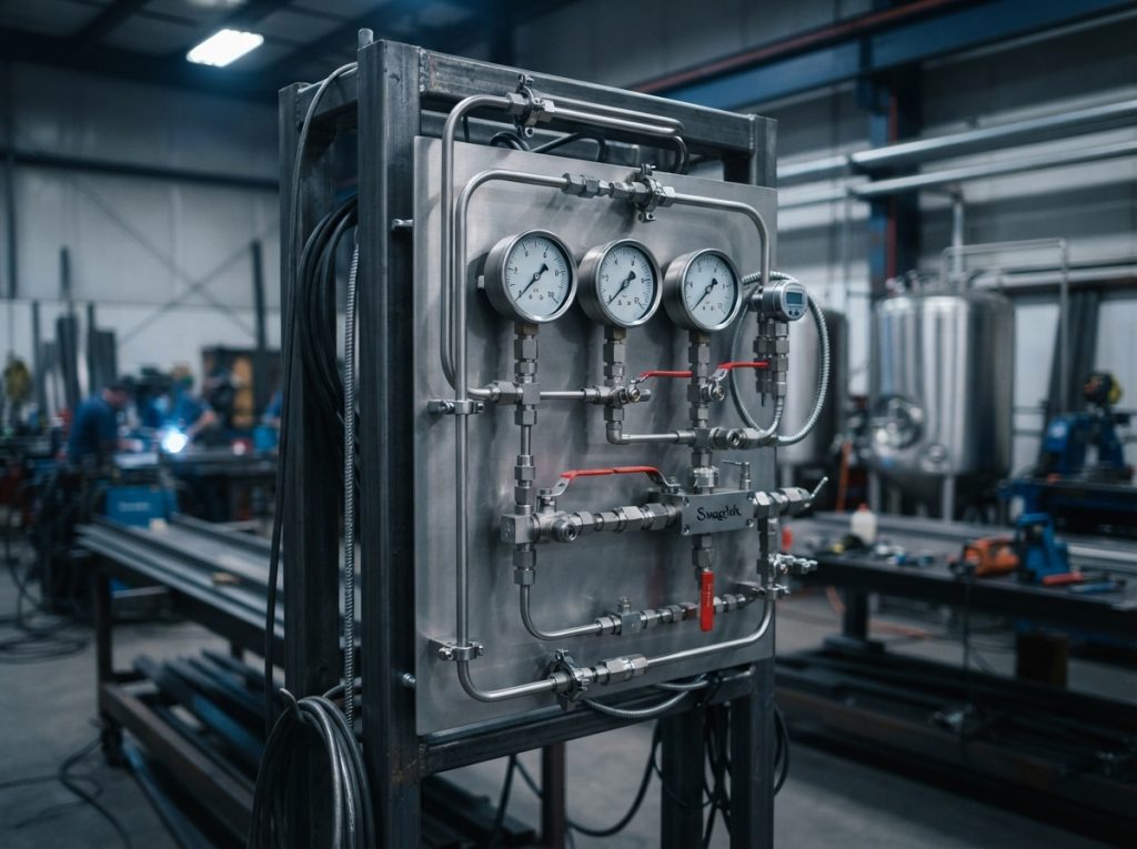 Instrument panel with gauges, valves and stainless tubing on a rack