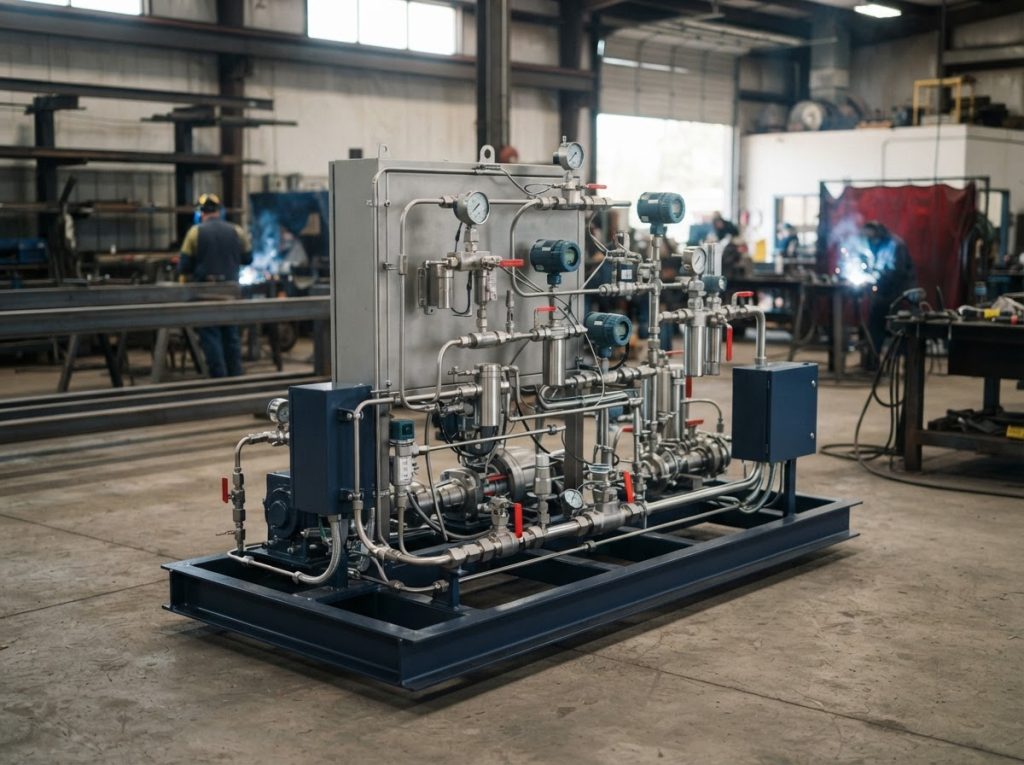 Skid-mounted analyzer assembly with structural base, instruments and tubing