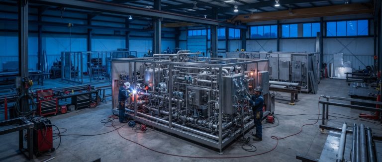 Fabrication bay with a stainless analyzer skid, enclosures and panels under construction