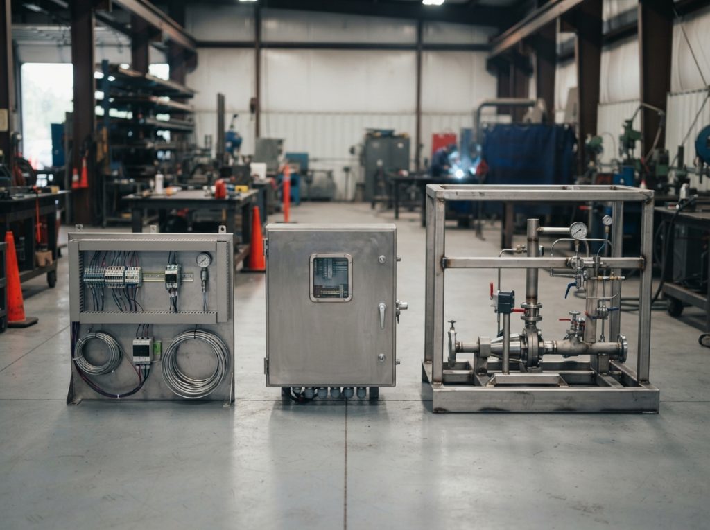 Mounting panel, stainless cabinet and skid frame on a fabrication shop floor