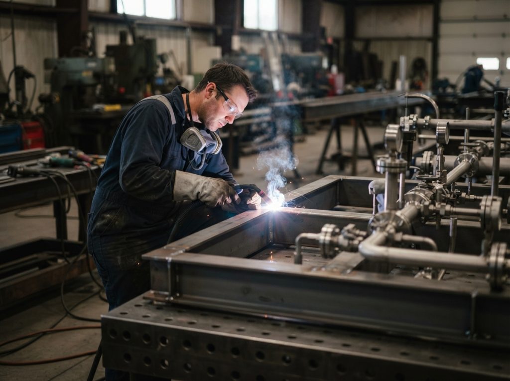 Technician welding a structural steel skid base