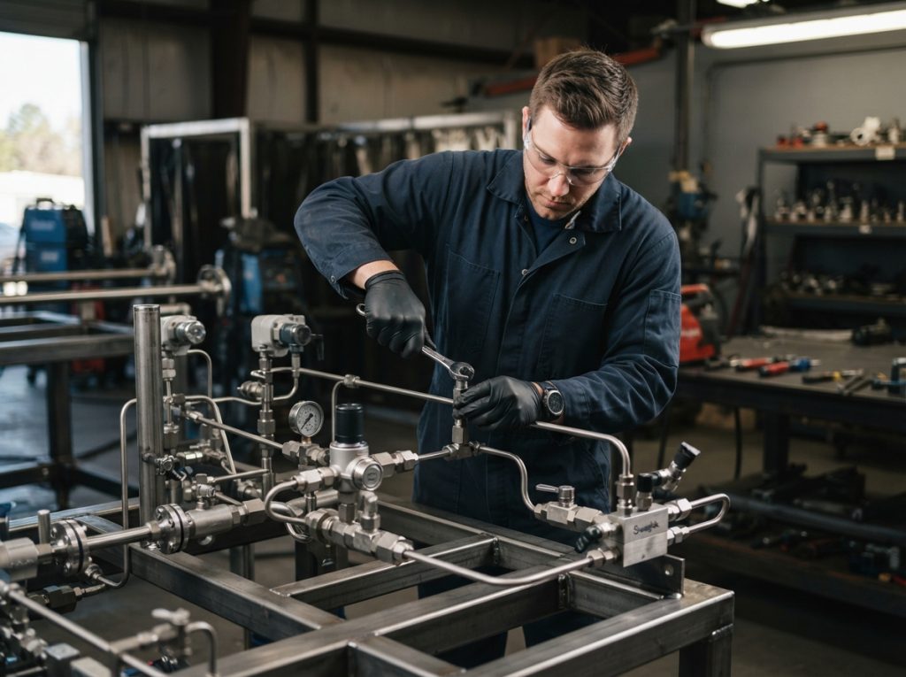 Technician mounting valves and regulators and connecting tubing on a skid