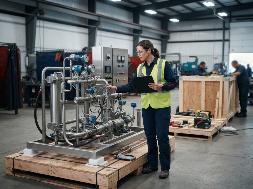 Inspector checking a finished skid before shipment