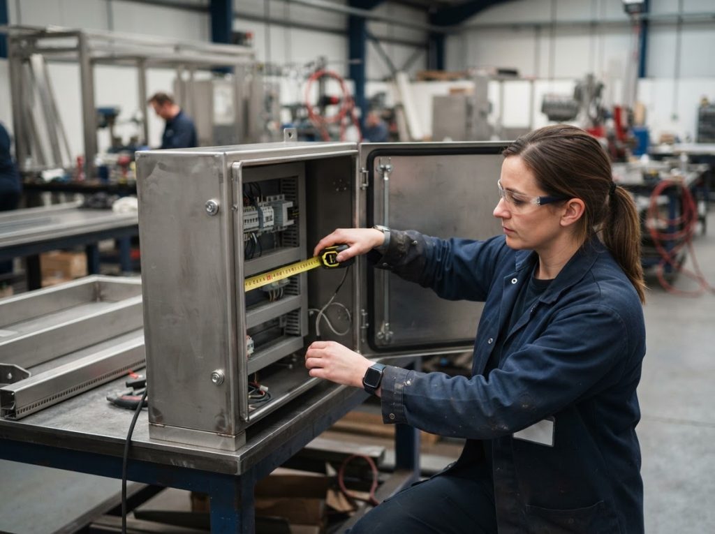 Engineer measuring the internal dimensions of a stainless cabinet